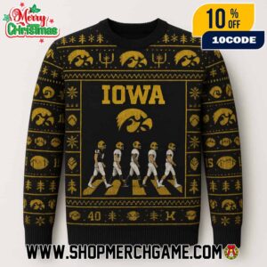 Iowa Hawkeyes NCAA Ugly Christmas Sweater With Abbey Road Football Players Crossing Black Gold Fair Isle Knitted Holiday Pullover