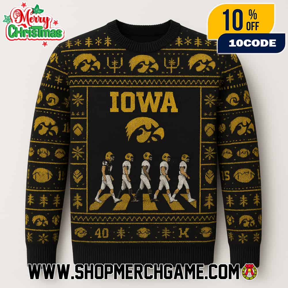 Iowa Hawkeyes NCAA Ugly Christmas Sweater With Abbey Road Football Players Crossing Black Gold Fair Isle Knitted Holiday Pullover Iowa Hawkeyes NCAA Ugly Christmas Sweater With Abbey Road Football Players Crossing Black Gold Fair Isle Knitted Holiday Pullover