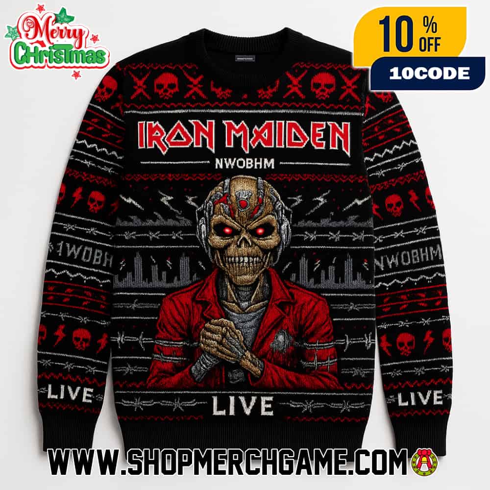 Iron Maiden NWOBHM Live Christmas Ugly Sweater Heavy Metal Knit Crewneck Skull Lightning Eddie Official Holiday Jumper Iron Maiden NWOBHM Live Christmas Ugly Sweater Heavy Metal Knit Crewneck Skull Lightning Eddie Official Holiday Jumper