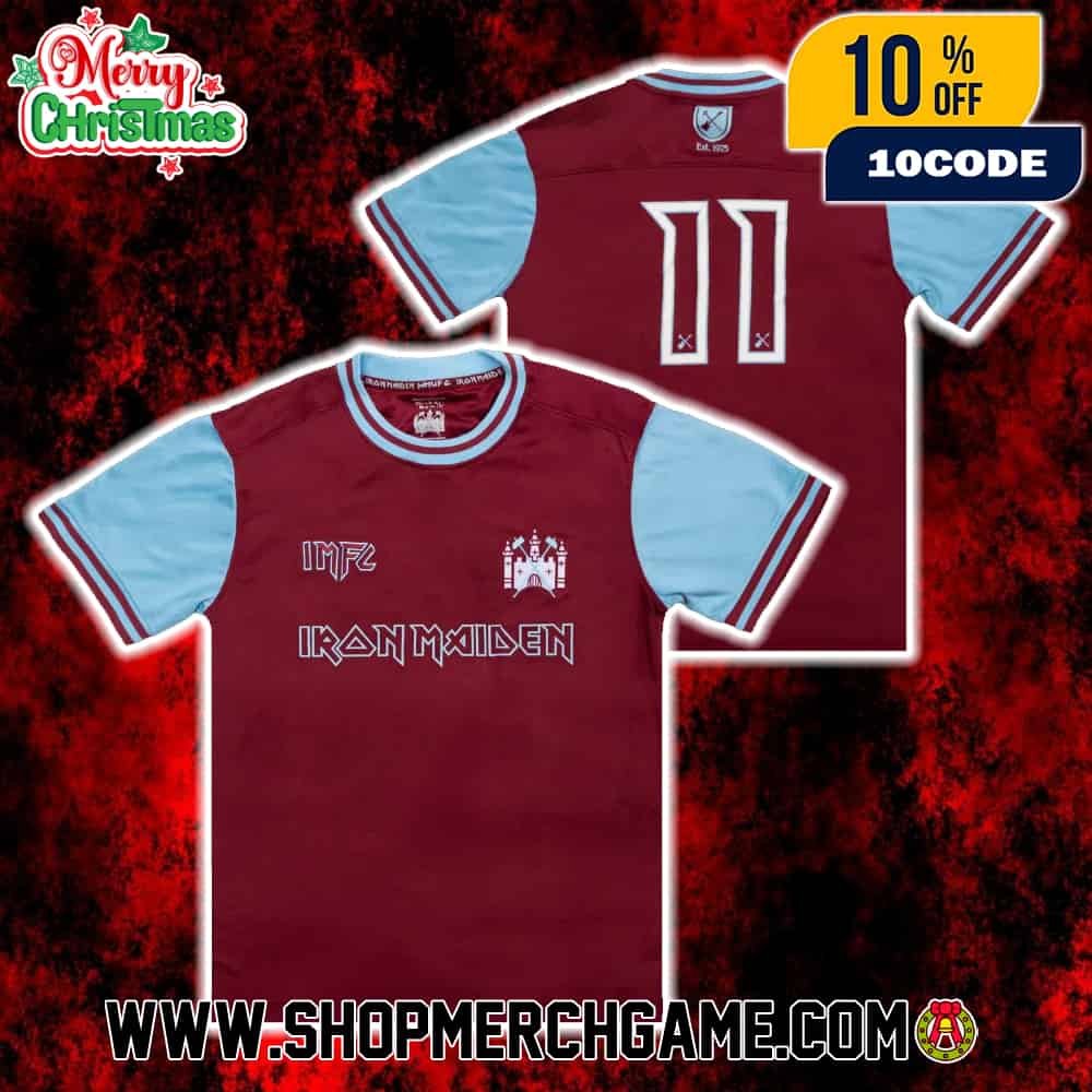 Iron Maiden New Merch 2025 Arrivals Collab With West Ham 50th Anniversary Home Football Jersey T-Shirt Iron Maiden New Merch 2025 Arrivals Collab With West Ham 50th Anniversary Home Football Jersey T-Shirt