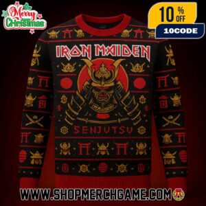 Iron Maiden Senjutsu Samurai Eddie Ugly Christmas Sweater Knit Crewneck Red Black Holiday Jumper
