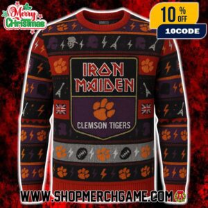 Iron Maiden x Clemson Tigers NCAA Ugly Sweater Black Purple Orange Knit Holiday Pullover Christmas Graphic Apparel Metal Band Unisex