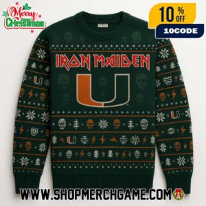 Iron Maiden x Miami Hurricanes NCAA Ugly Sweater Green Orange Knit Holiday Pullover Christmas Graphic Apparel Metal Band Unisex