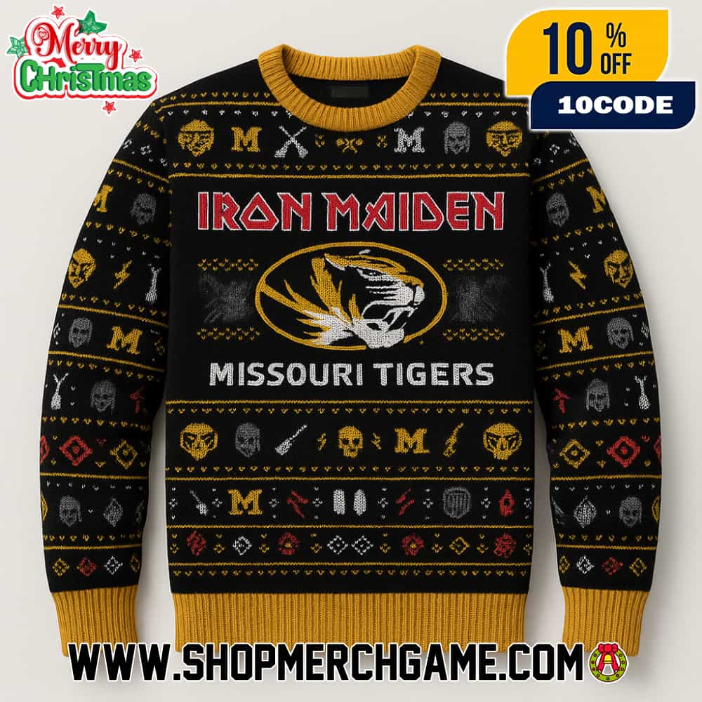 Iron Maiden x Missouri Tigers NCAA Ugly Sweater Black Gold Knit Holiday Pullover Christmas Graphic Apparel Metal Band Unisex Iron Maiden x Missouri Tigers NCAA Ugly Sweater Black Gold Knit Holiday Pullover Christmas Graphic Apparel Metal Band Unisex