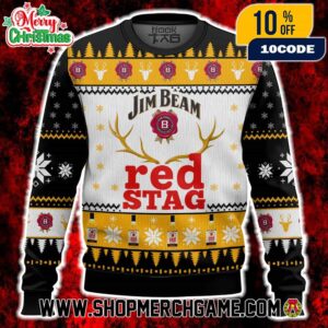 Jim Beam Red Stag Ugly Sweater Black Gold Reindeer Snowflake Knitted Christmas Holiday Bourbon Pullover