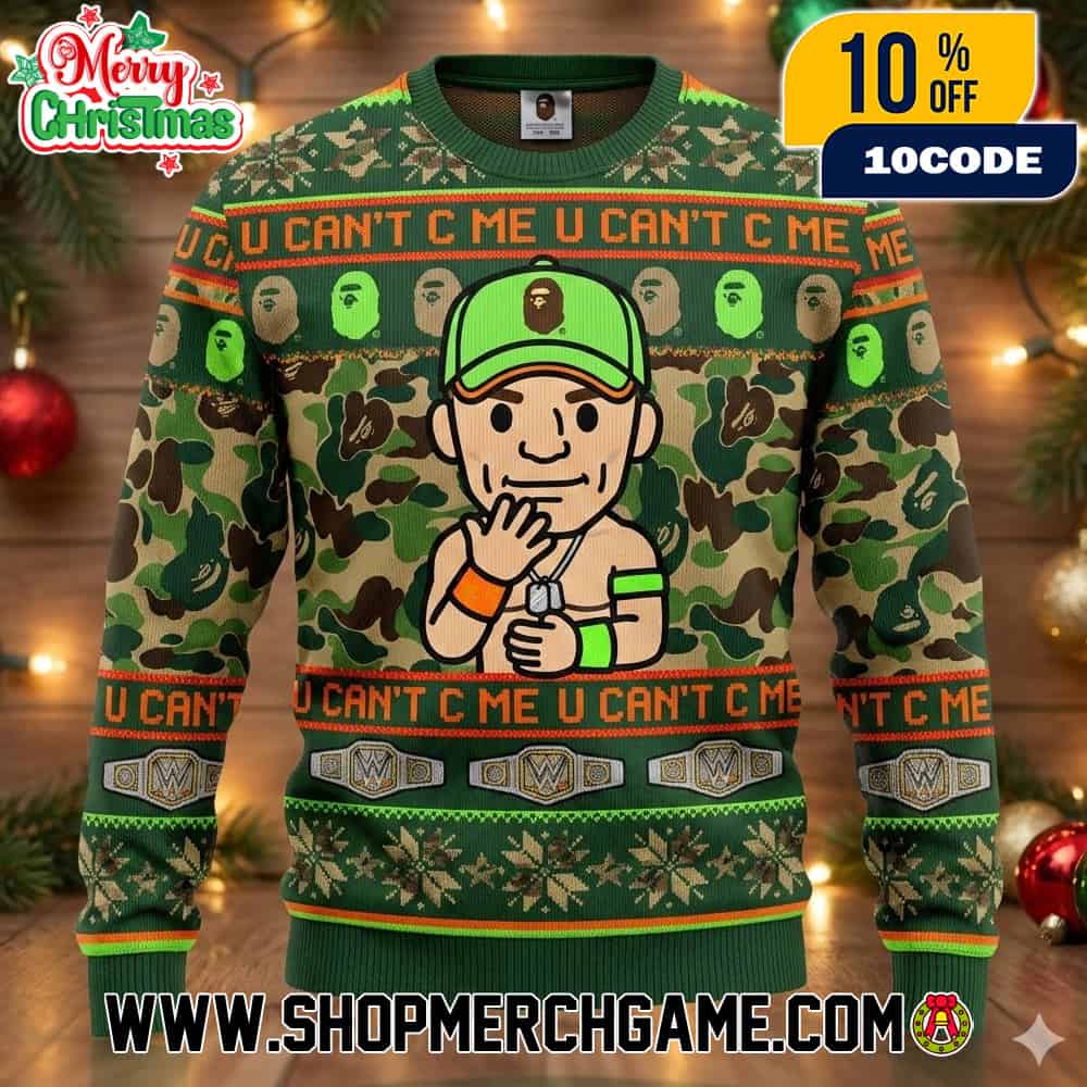 John Cena x Bape You Can’t C Me Ugly Christmas Sweater Green Camo Knit Pullover WWE Championship Belt Orange Pattern Holiday Winter Xmas Unisex John Cena x Bape You Can’t C Me Ugly Christmas Sweater Green Camo Knit Pullover WWE Championship Belt Orange Pattern Holiday Winter Xmas Unisex