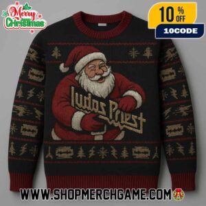 Judas Priest Ugly Sweater With Santa Claus Design Black Maroon Knit Holiday Pullover Christmas Heavy Metal Band Apparel Unisex Crewneck
