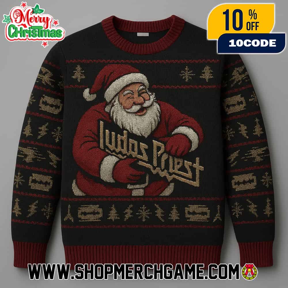 Judas Priest Ugly Sweater With Santa Claus Design Black Maroon Knit Holiday Pullover Christmas Heavy Metal Band Apparel Unisex Crewneck Judas Priest Ugly Sweater With Santa Claus Design Black Maroon Knit Holiday Pullover Christmas Heavy Metal Band Apparel Unisex Crewneck