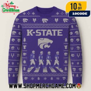 K-State Wildcats NCAA Ugly Christmas Sweater With Abbey Road Football Players Crossing Purple Silver Fair Isle Knitted Holiday Pullover