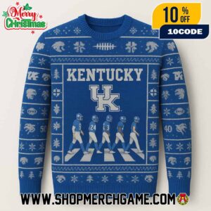 Kentucky Wildcats NCAA Ugly Christmas Sweater With Abbey Road Football Players Crossing Blue White Fair Isle Knitted Holiday Pullover