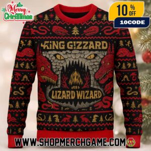 King Gizzard And The Lizard Wizard Ugly Christmas Sweater Unisex Crewneck Jacquard Knit Fair Isle Band Merch Black Red Gold Metallic Yarn Holiday Gift