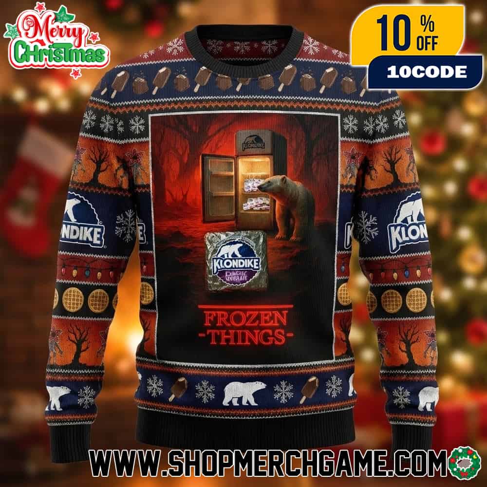 Klondike Dark Chocolate x Stranger Things Frozen Things Ugly Christmas Sweater Knitted Holiday Jumper Polar Bear Upside Down Freezer Ice Cream Bar Winter Pullover Klondike Dark Chocolate x Stranger Things Frozen Things Ugly Christmas Sweater Knitted Holiday Jumper Polar Bear Upside Down Freezer Ice Cream Bar Winter Pullover