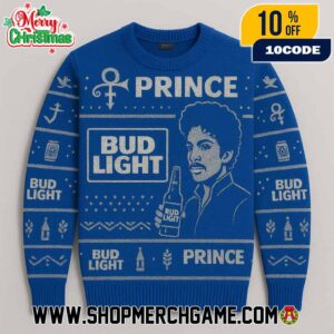 Knitted Holiday Pullover Prince x Bud Light Ugly Sweater Featuring Love Symbol Fair Isle Pattern Christmas Jumper