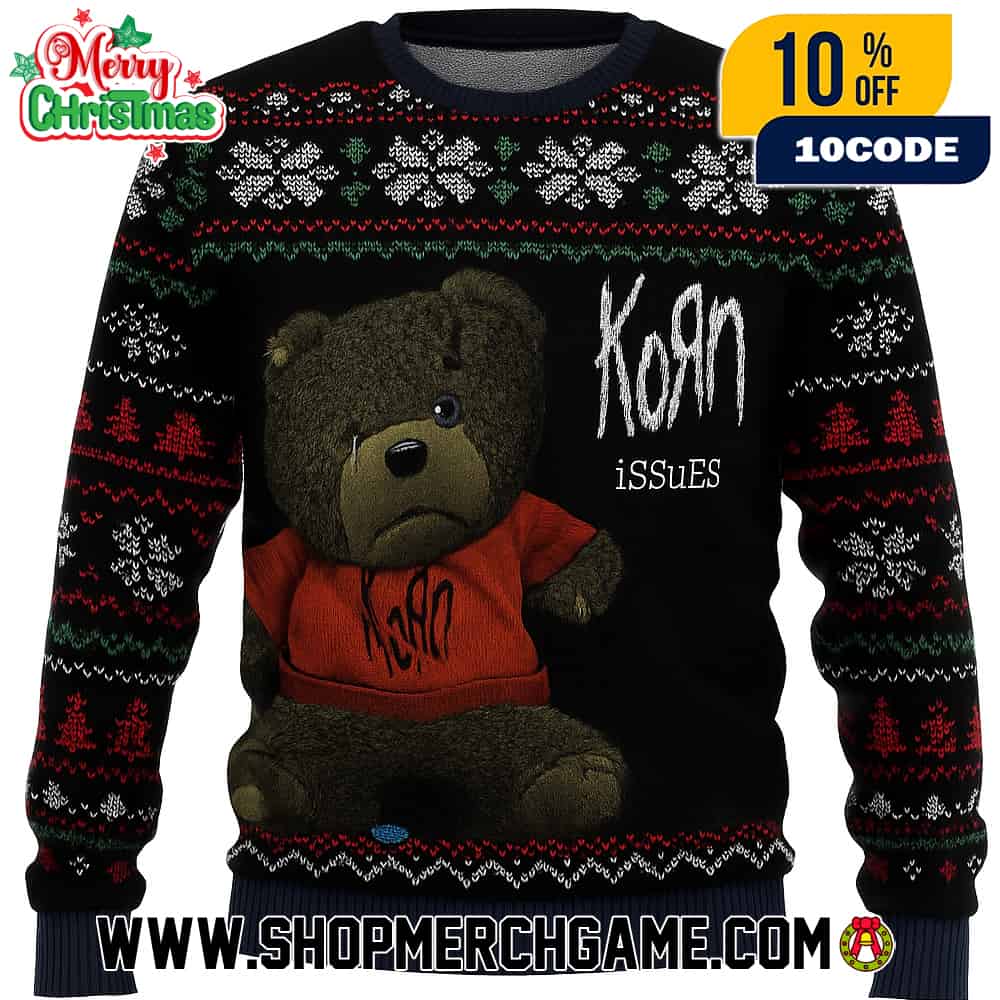 Korn Issues Album Ugly Christmas Sweater Black Red Green Knitted Pullover With Teddy Bear Mascot Design Nu Metal Holiday Jumper Unisex Gift Korn Issues Album Ugly Christmas Sweater Black Red Green Knitted Pullover With Teddy Bear Mascot Design Nu Metal Holiday Jumper Unisex Gift