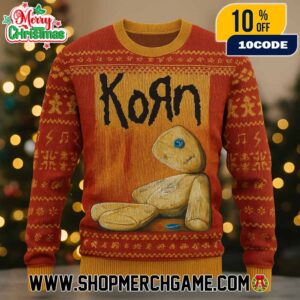 Korn Issues Album Ugly Christmas Sweater Red Orange Gold Knitted Pullover With Ragdoll Mascot Button Eye Music Notes Pattern Nu Metal Holiday Jumper Unisex Gift