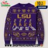 Miami Hurricanes NCAA Abbey Road Football Players Crossing Ugly Christmas Sweater With U Logo Orange Green Fair Isle Knitted Holiday Pullover
