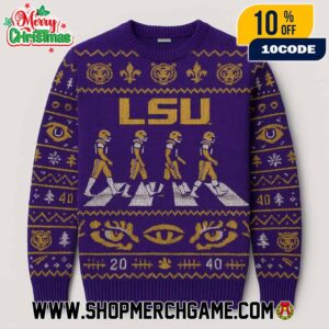 LSU Tigers NCAA Abbey Road Football Players Crossing Ugly Christmas Sweater With Tiger Eye Logo Purple Gold Fair Isle Knitted Holiday Pullover
