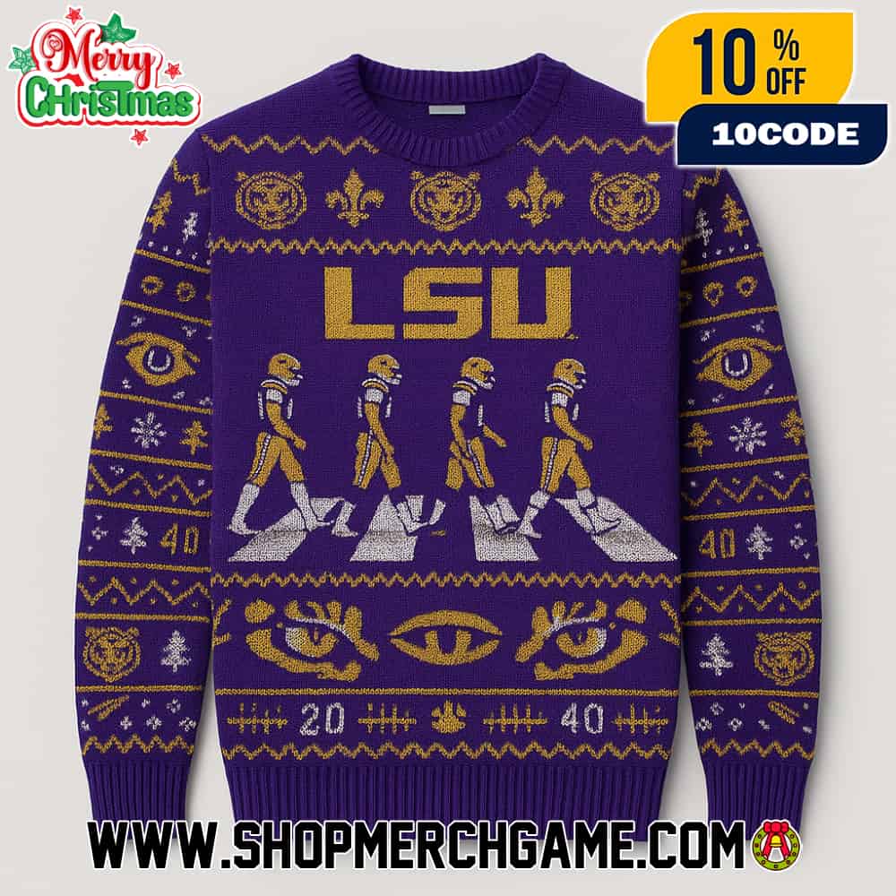 LSU Tigers NCAA Abbey Road Football Players Crossing Ugly Christmas Sweater With Tiger Eye Logo Purple Gold Fair Isle Knitted Holiday Pullover LSU Tigers NCAA Abbey Road Football Players Crossing Ugly Christmas Sweater With Tiger Eye Logo Purple Gold Fair Isle Knitted Holiday Pullover