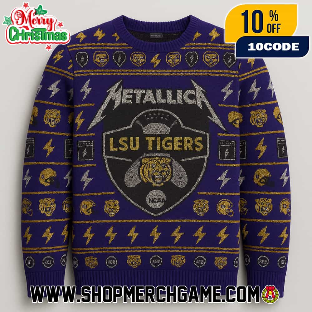LSU Tigers NCAA Ugly Sweater Metallica Metal Band Purple Gold Knit Holiday Pullover Christmas Graphic Apparel Unisex LSU Tigers NCAA Ugly Sweater Metallica Metal Band Purple Gold Knit Holiday Pullover Christmas Graphic Apparel Unisex