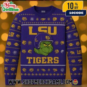 LSU Tigers x Grinch NCAA Football Ugly Christmas Sweater Purple Gold Knit Pullover With Helmet Tiger Paw Prints Snowflakes Fair Isle Pattern College Sports Holiday Winter Jumper