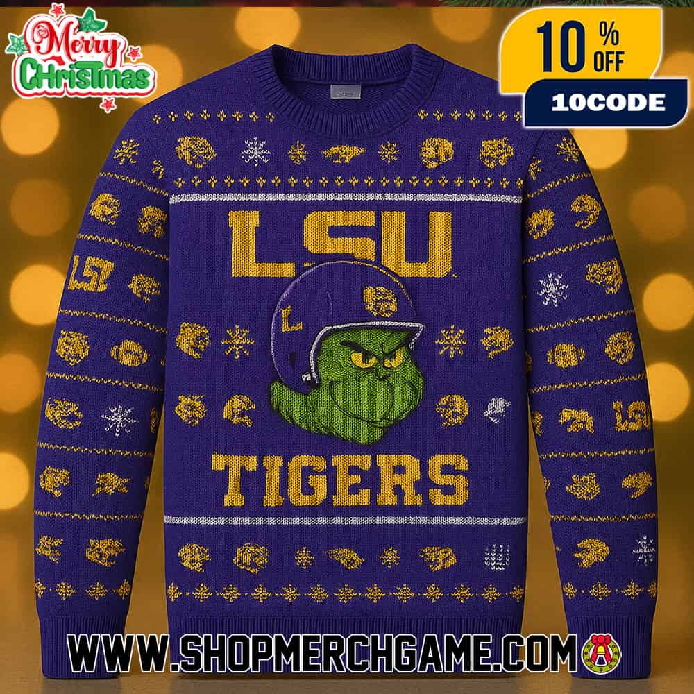 LSU Tigers x Grinch NCAA Football Ugly Christmas Sweater Purple Gold Knit Pullover With Helmet Tiger Paw Prints Snowflakes Fair Isle Pattern College Sports Holiday Winter Jumper LSU Tigers x Grinch NCAA Football Ugly Christmas Sweater Purple Gold Knit Pullover With Helmet Tiger Paw Prints Snowflakes Fair Isle Pattern College Sports Holiday Winter Jumper