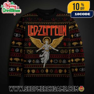 Led Zeppelin Ugly Christmas Sweater Black Knitted Crew Neck Angel Wings Red Gold Fair Isle Holiday Band Pullover Merch