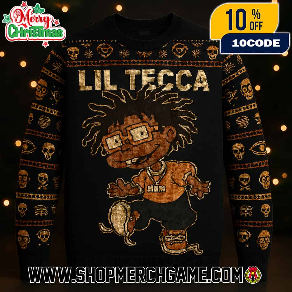 Lil Tecca Ugly Christmas Sweater Black Gold Knitted Pullover With Cartoon Character Skull Pattern Featuring Hip Hop Rapper Design Holiday Jumper Unisex Gift Lil Tecca Ugly Christmas Sweater Black Gold Knitted Pullover With Cartoon Character Skull Pattern Featuring Hip Hop Rapper Design Holiday Jumper Unisex Gift