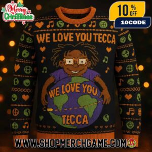 Lil Tecca We Love You Tecca Ugly Christmas Sweater Black Orange Knitted Pullover With Cartoon Character Holding Globe Design Featuring Music Notes Hearts Holiday Jumper Unisex Gift
