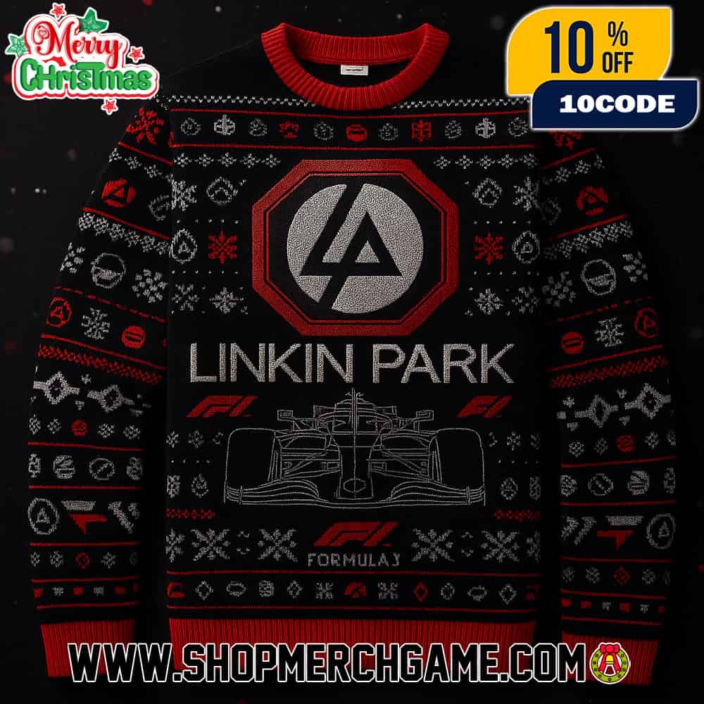 Linkin Park x Formula 1 Unisex Ugly Christmas Sweater Black Red Jacquard Knit Crewneck Fair Isle F1 Car Circuit Sao Paulo GP Holiday Linkin Park x Formula 1 Unisex Ugly Christmas Sweater Black Red Jacquard Knit Crewneck Fair Isle F1 Car Circuit Sao Paulo GP Holiday