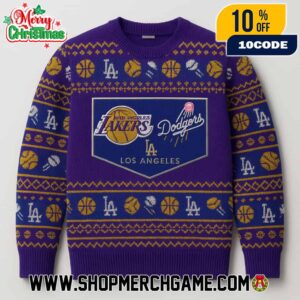 Los Angeles Lakers And Dodgers Ugly Christmas Sweater Holiday Knit Crewneck Gift For Basketball Baseball Sports Fans Purple Design