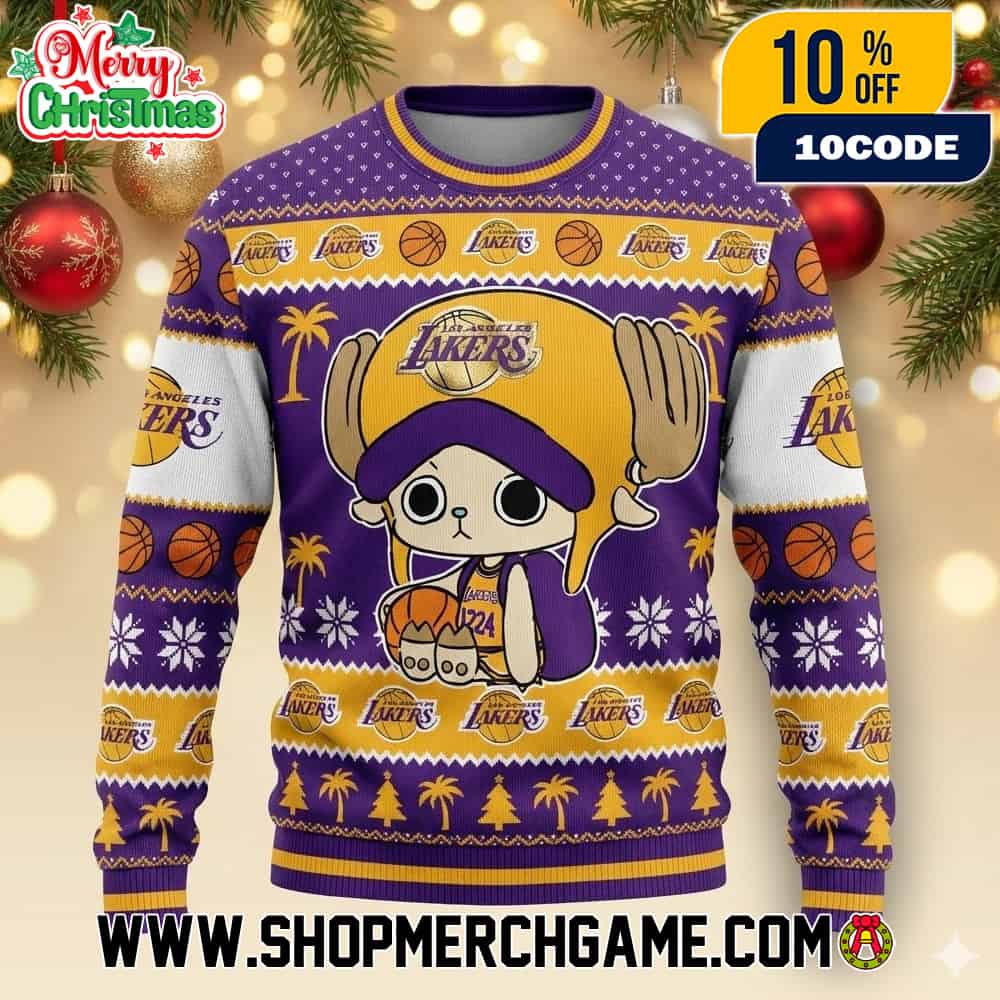 Los Angeles Lakers x One Piece Tony Tony Chopper Ugly Christmas Sweater NBA Official Holiday Knitted Pullover Festive Purple Gold Yellow Palm Tree Basketball Pattern Anime Crossover Los Angeles Lakers x One Piece Tony Tony Chopper Ugly Christmas Sweater NBA Official Holiday Knitted Pullover Festive Purple Gold Yellow Palm Tree Basketball Pattern Anime Crossover