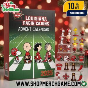 Louisiana Ragin’ Cajuns x Peanuts Advent Calendar 2025 Ornament Football NCAA Gift Box Fleur De Lis Christmas Countdown Red White Collectible