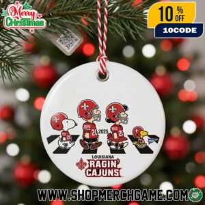 Louisiana Ragin’ Cajuns x Peanuts Ornament 2025 Christmas Tree Decoration Abbey Road Snoopy Charlie Brown Circle Shape White Ceramic Holiday Collectible Gift Red