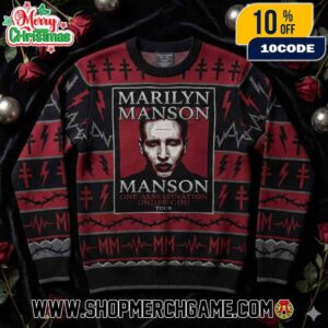 Marilyn Manson One Assassination Under God Tour Ugly Christmas Sweater Black Red Knit Pullover With Crosses Lightning Bolts Fair Isle Pattern Gothic Rock Holiday Winter Jumper