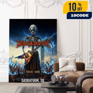 Megadeth Farewell Tour Saskatoon SK Feb 24 2026 Poster Vic Rattlehead Skeleton Blue Fire Guitar Saskatchewan Heavy Metal Art Poster Canvas