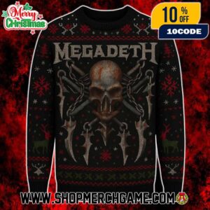 Megadeth Killing Is My Business Ugly Christmas Sweater Black Red Green Knitted Pullover With Skull Crossbones Logo Rattlehead Mascot Design Thrash Metal Holiday Jumper Unisex Gift