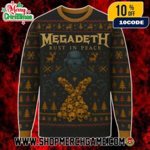 Megadeth Rust In Peace Ugly Christmas Sweater Navy Gold Red Knitted Pullover With Vic Rattlehead Skull Crossbones Deer Reindeer Pattern Thrash Metal Holiday Jumper Unisex Gift