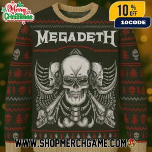 Megadeth Ugly Christmas Sweater Green Tan Red Knitted Pullover With Triple Skull Vic Rattlehead Crossbones Ribcage Design Thrash Metal Holiday Jumper Unisex Gift