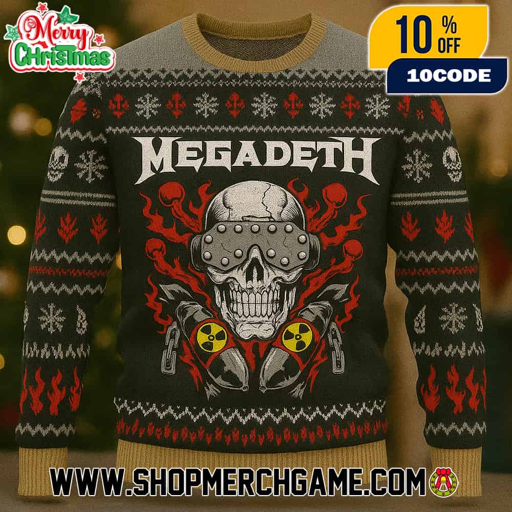 Megadeth Ugly Christmas Sweater Grey Black Red Knitted Pullover With Vic Rattlehead Skull Nuclear Radiation Bombs Flames Pattern Thrash Metal Holiday Jumper Unisex Gift Megadeth Ugly Christmas Sweater Grey Black Red Knitted Pullover With Vic Rattlehead Skull Nuclear Radiation Bombs Flames Pattern Thrash Metal Holiday Jumper Unisex Gift