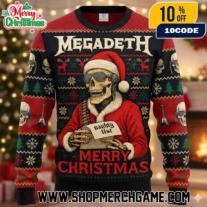 Megadeth Ugly Christmas Sweater Naughty List Santa Skull Knit Crewneck Limited Edition Thrash Metal Band Merch Flying V Guitar Holiday Gift Unisex Winter Festive Pullover