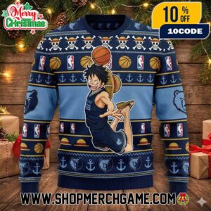 Memphis Grizzlies x One Piece Monkey D Luffy Ugly Christmas Sweater NBA Official Holiday Knitted Pullover Festive Navy Blue Gold Straw Hat Pirate Jolly Roger Skull Anchor Basketball Pattern
