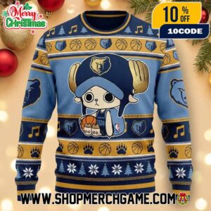 Memphis Grizzlies x One Piece Tony Tony Chopper Ugly Christmas Sweater NBA Official Holiday Knitted Pullover Festive Navy Blue Gold Light Blue Bear Paw Print Basketball Pattern Anime