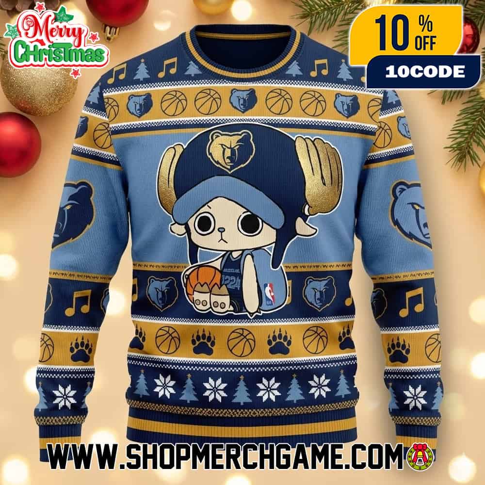 Memphis Grizzlies x One Piece Tony Tony Chopper Ugly Christmas Sweater NBA Official Holiday Knitted Pullover Festive Navy Blue Gold Light Blue Bear Paw Print Basketball Pattern Anime Memphis Grizzlies x One Piece Tony Tony Chopper Ugly Christmas Sweater NBA Official Holiday Knitted Pullover Festive Navy Blue Gold Light Blue Bear Paw Print Basketball Pattern Anime