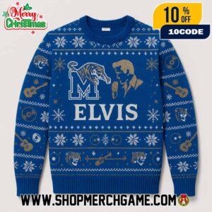 Memphis Tigers x Elvis Presley Ugly Christmas Sweater Blue White Knitted Holiday Jumper NCAA Fan