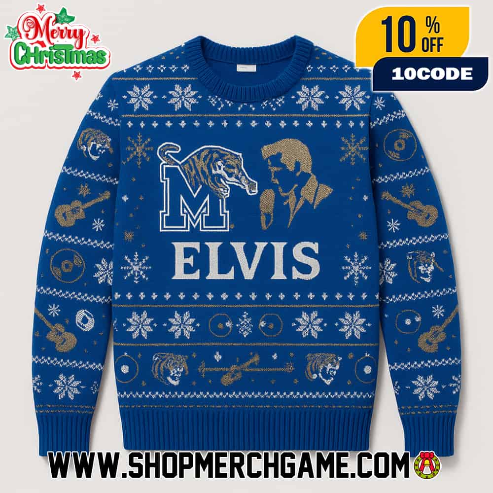 Memphis Tigers x Elvis Presley Ugly Christmas Sweater Blue White Knitted Holiday Jumper NCAA Fan Memphis Tigers x Elvis Presley Ugly Christmas Sweater Blue White Knitted Holiday Jumper NCAA Fan