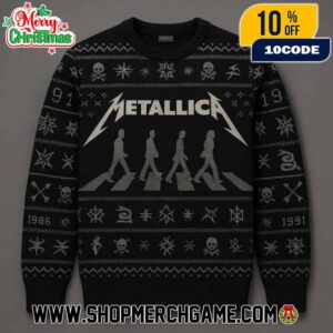 Metallica Abbey Road Crossing Holiday Sweater With Band Silhouettes Black Album 1991 Fair Isle Knitted Ugly Christmas Pullover For Heavy Metal Fans
