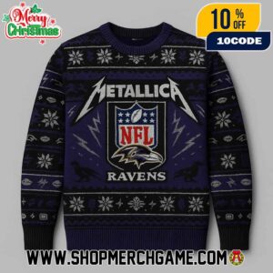 Metallica Baltimore Ravens Ugly Christmas Sweater Unisex Navy Black Knit Holiday Pullover NFL Metal Band Football Mashup Festive Crewneck