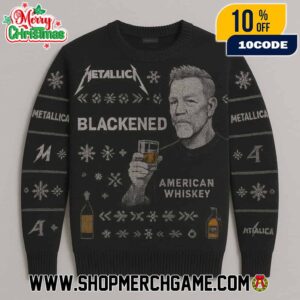 Metallica Blackened American Whiskey Ugly Christmas Sweater With James Hetfield Portrait Black Gold Fair Isle Knitted Holiday Pullover