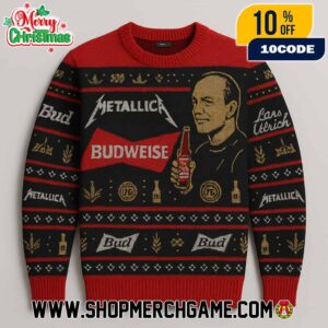 Metallica Budweiser Ugly Christmas Sweater Lars Ulrich Red Black Fair Isle Knitted Holiday Pullover