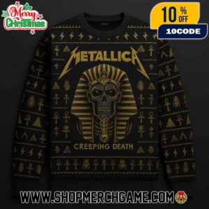 Metallica Creeping Death Ugly Sweater With Pharaoh Death Skull Design Black Gold Silver Knit Holiday Pullover Christmas Metal Band Apparel Unisex